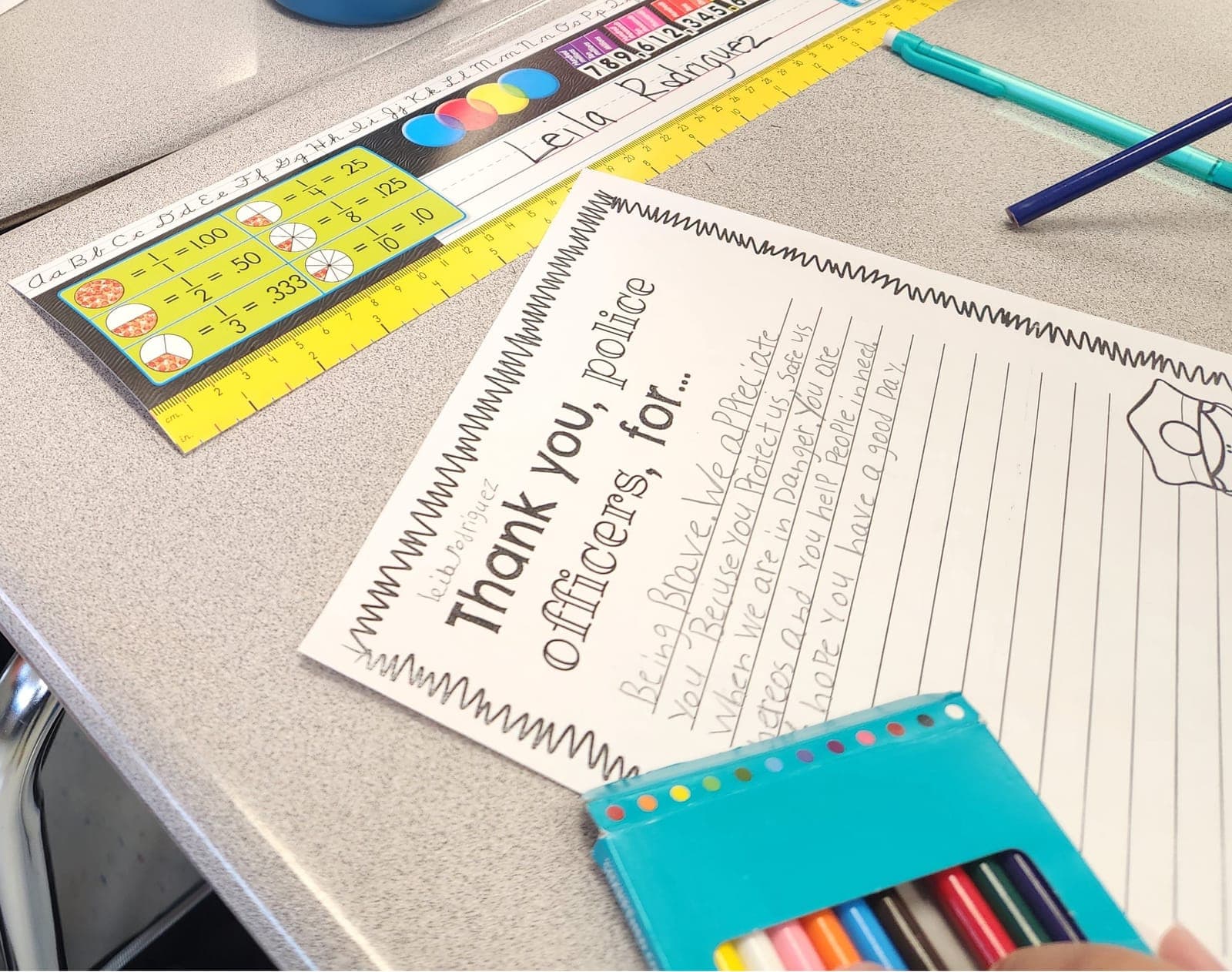 A Madison Elementary fourth grader's thank-you letter to a police officer, written as part of Ms. Gansler's class Patriot Day appreciation project.