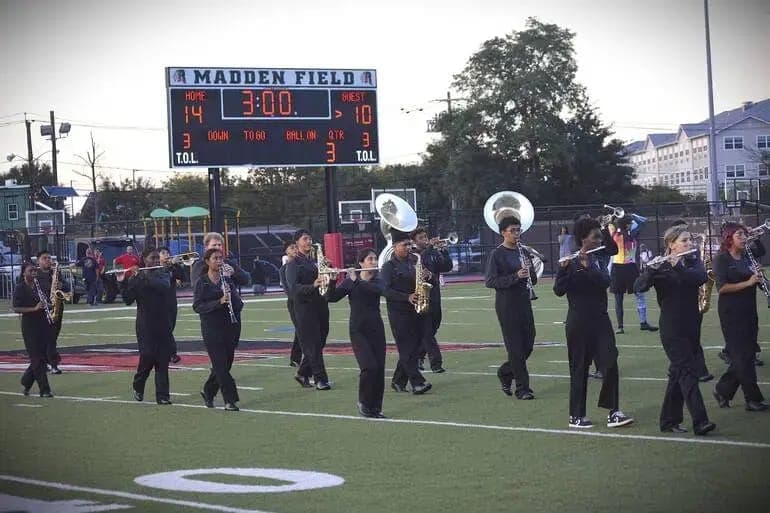 Rahway High School marching band members perform their “iBand” halftime show.