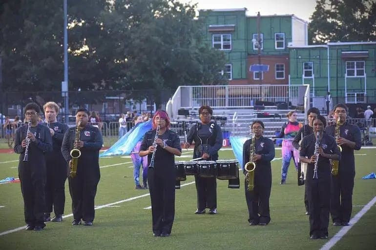 Rahway High School marching band members perform their “iBand” halftime show.