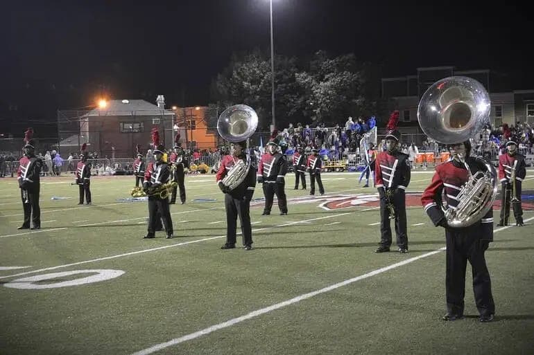 Rahway High School marching band members perform their “iBand” halftime show.