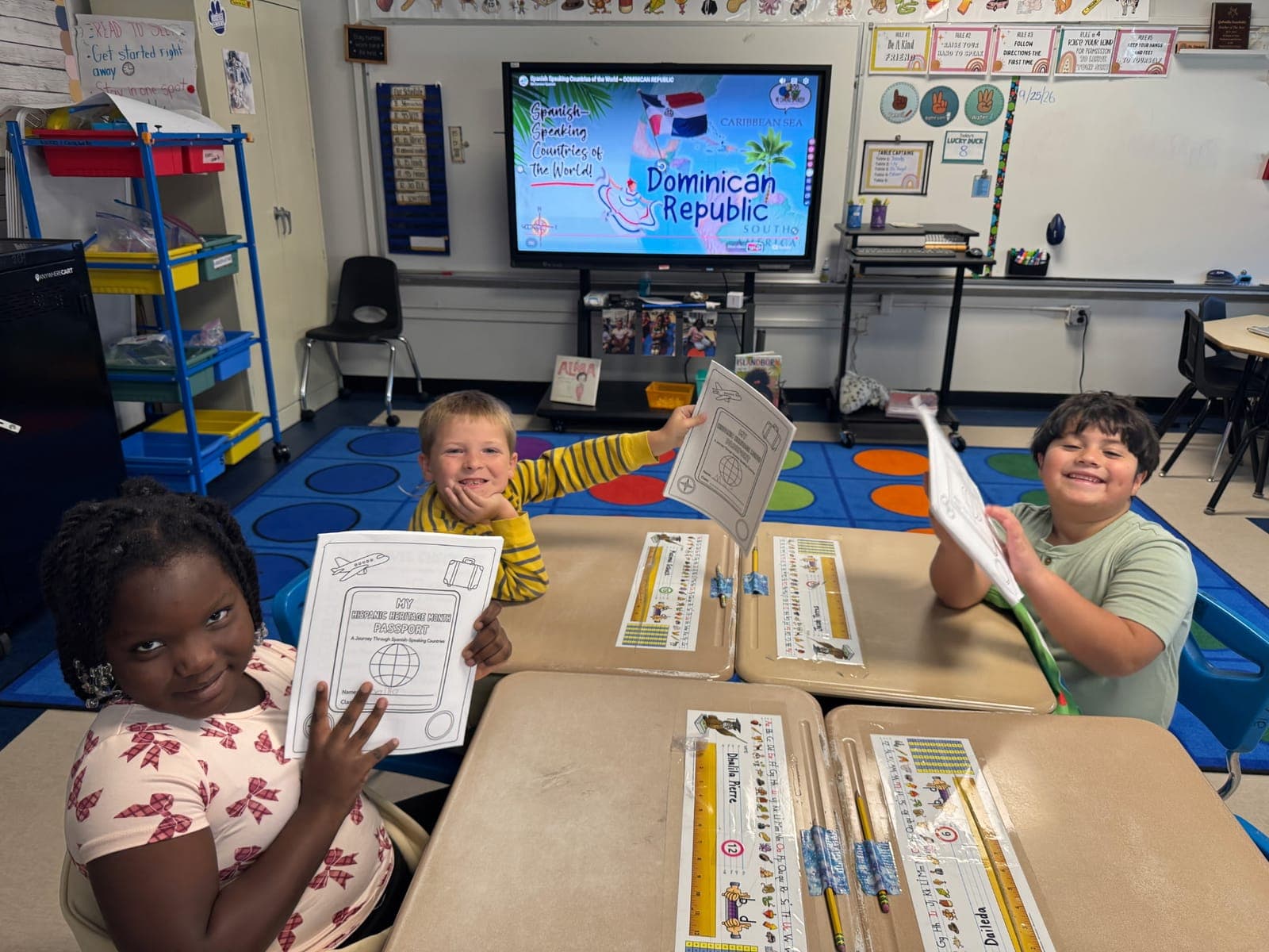 Roosevelt Elementary School first graders explore Hispanic heritage through classroom activities and “passport books.”
